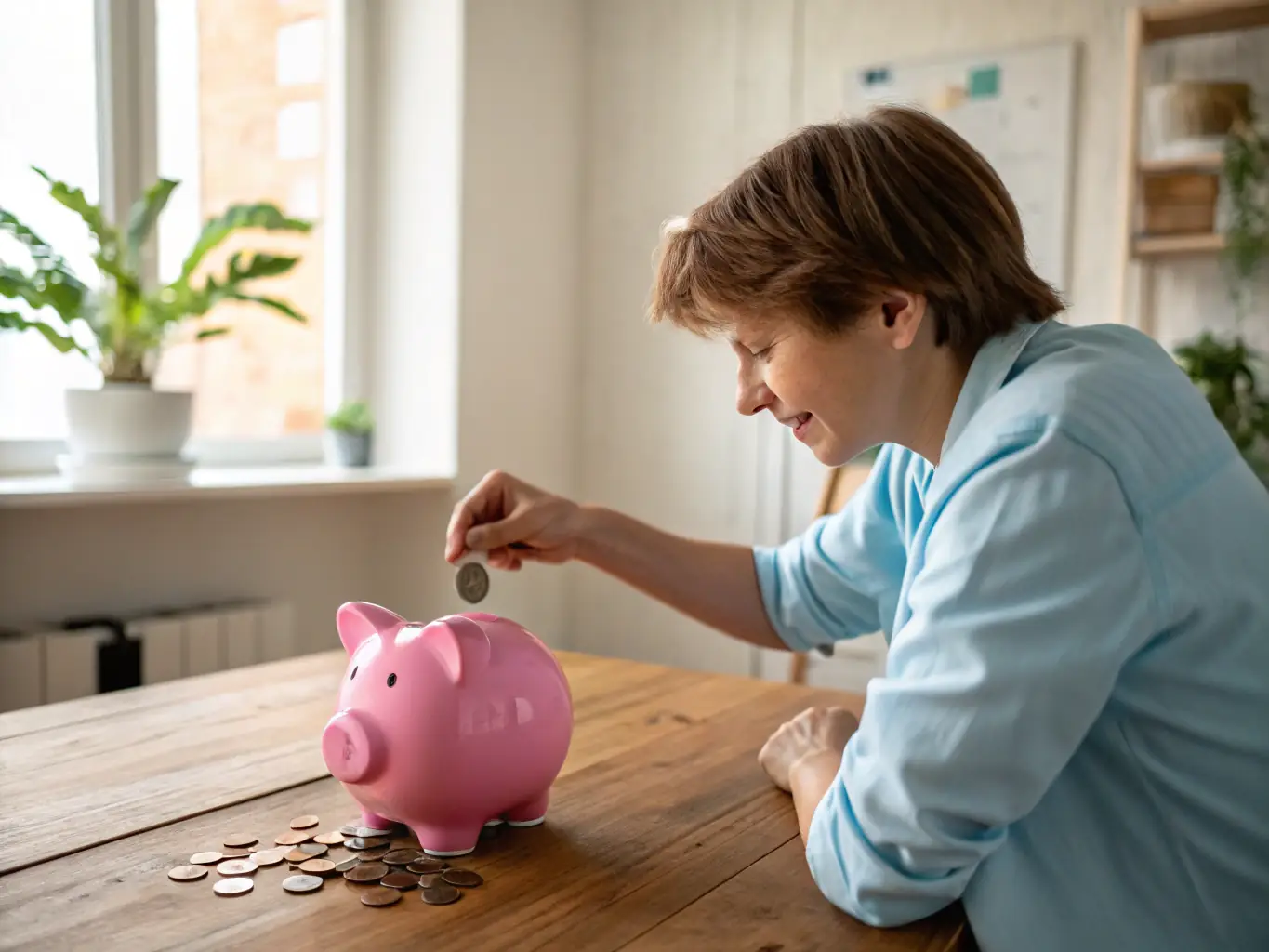 A person happily putting money into a piggy bank, symbolizing the start of a new saving challenge with SmartBudget Hub.